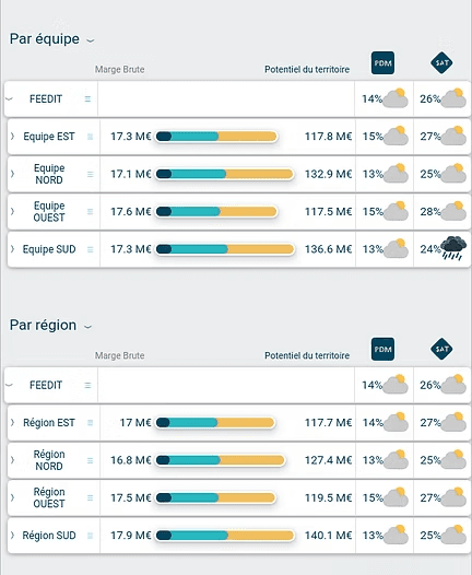 Répartition des parts de marché par équipe et par région dans Veez