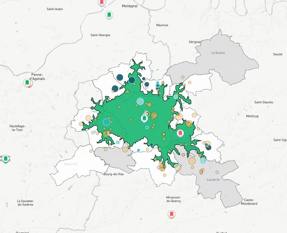 Carte de couverture isochrone d'un territoire agricole dans Veez